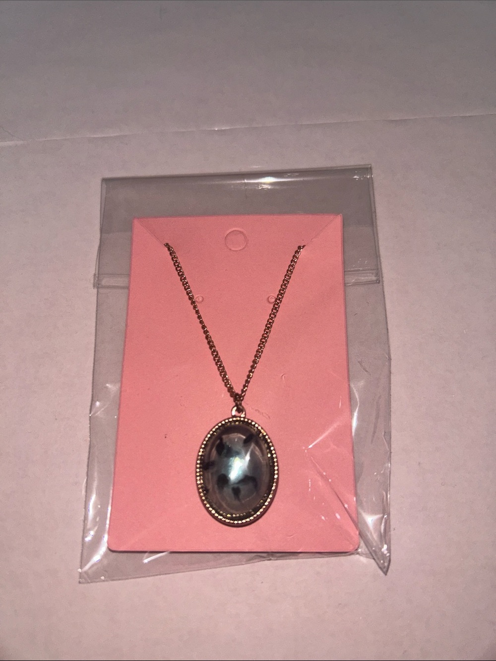 Rose Gold-Tone Oval Flower Petal Pendant Necklace - Iridescent Blue